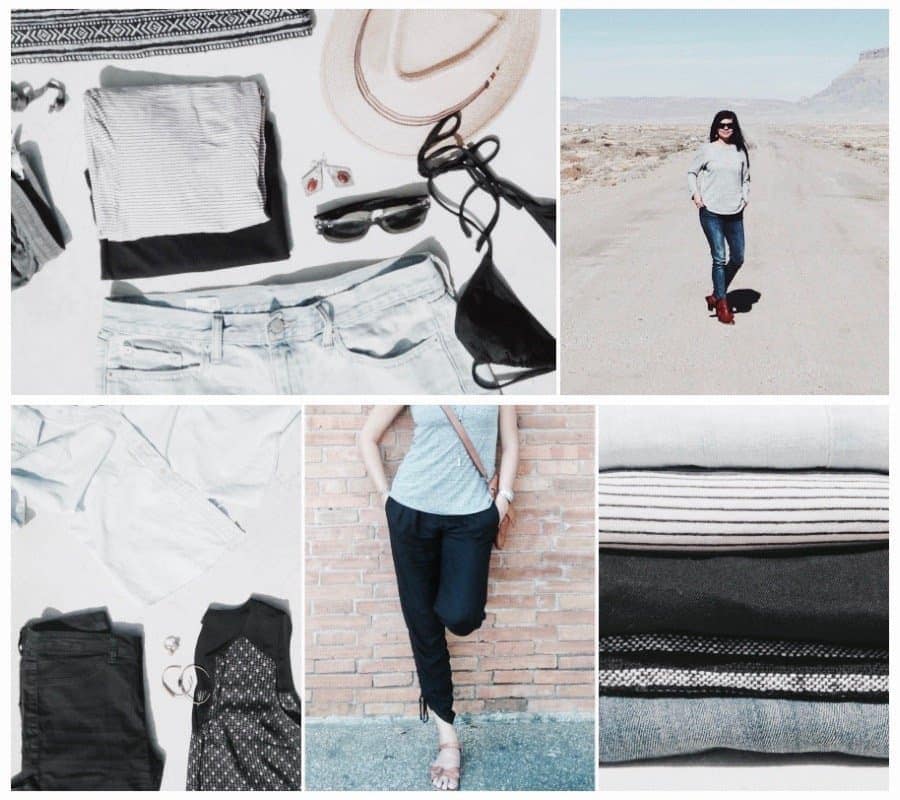A faded collage of images including a woman in black skinny jeans, a black dress, and a tan handbag.