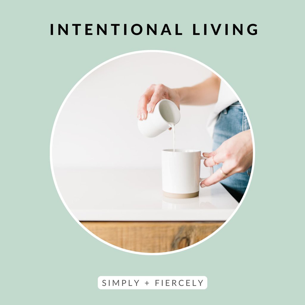 A green square with a circle image of a woman making a cup of coffee. The title reads, “INTENTIONAL LIVING”