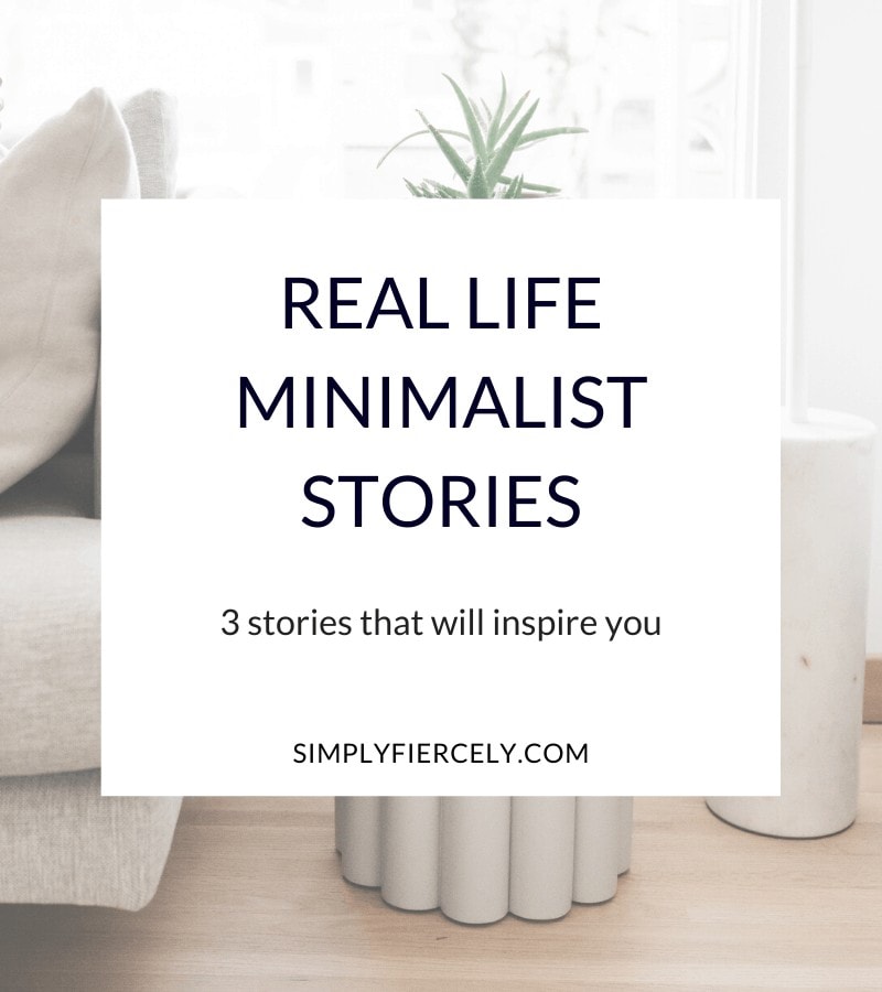 "3 Real Life Minimalist Stories That Will Inspire You" in a white box with a sofa and a table with some books and a plant in the background.