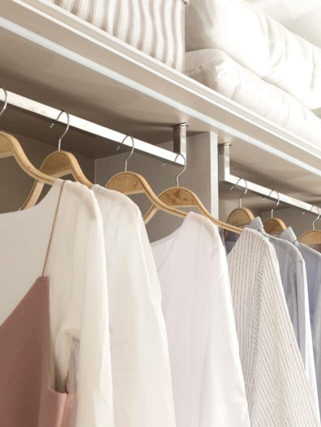 A white minimalist closet with a selection of neutral tops hanging neatly on wooden hangers.