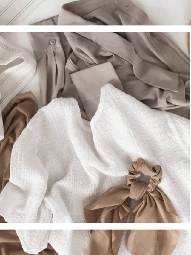 Tan and white clothing laying on a white surface with a white frame overlay