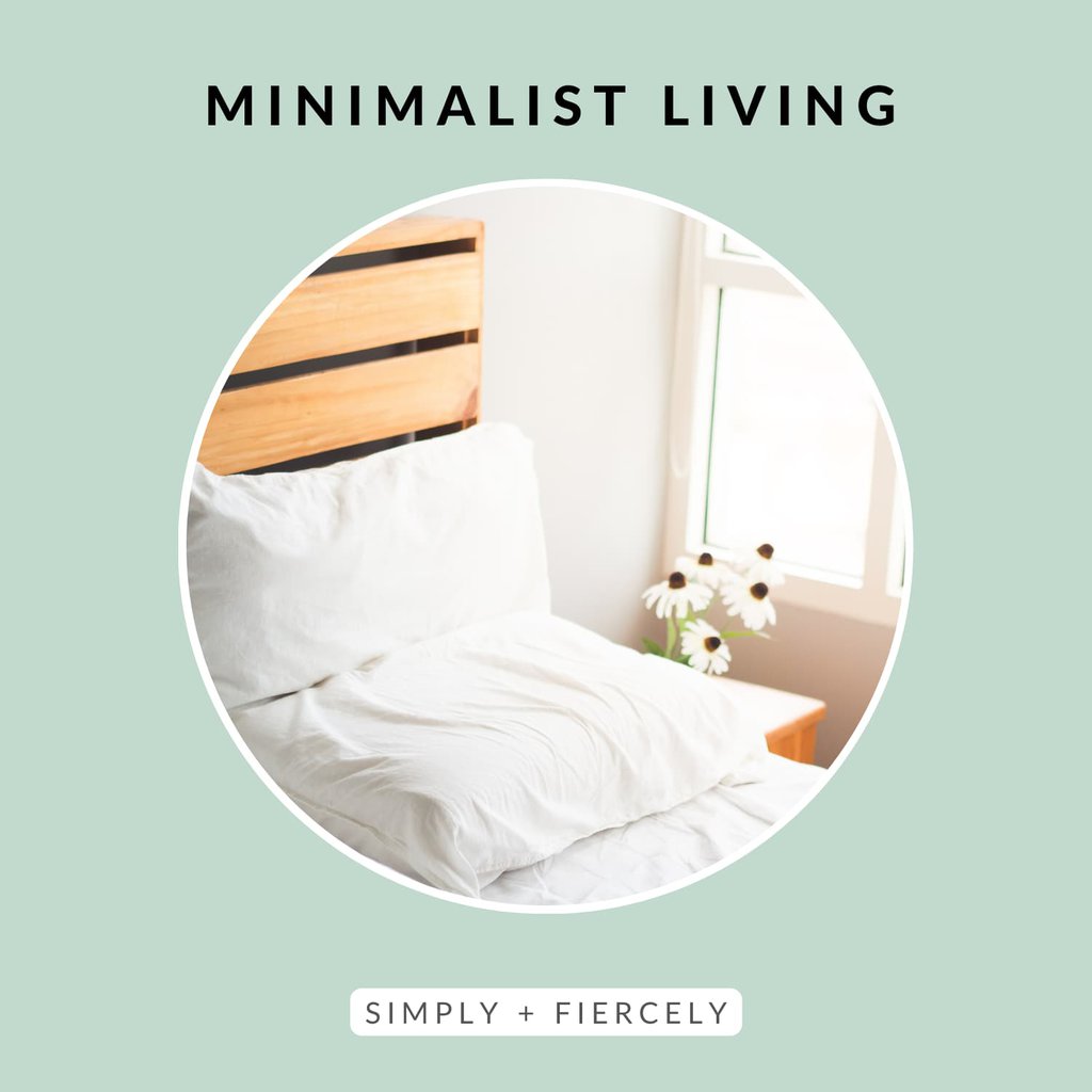 A circular image of a bed with white linen and wood headboard on a green background with the words Minimalist Living across the top