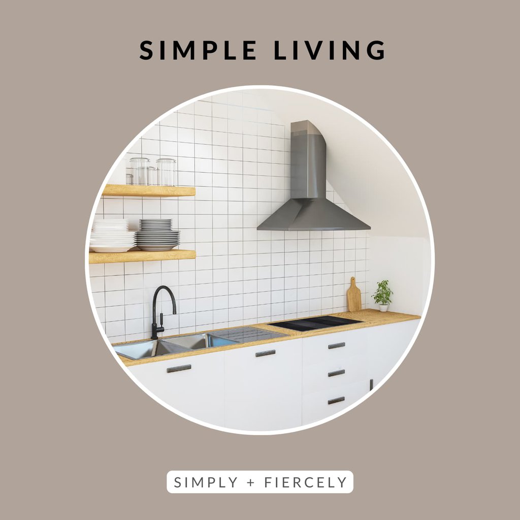 white minimalist kitchen inside a circle with a brown background and the words 'simple living' at the top