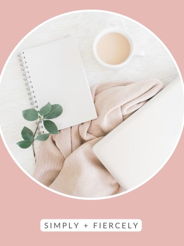 A circular image of a journal, notebook, mug of coffee, closed laptop, and pink blanket on a pink background with the words Simple Living across the top
