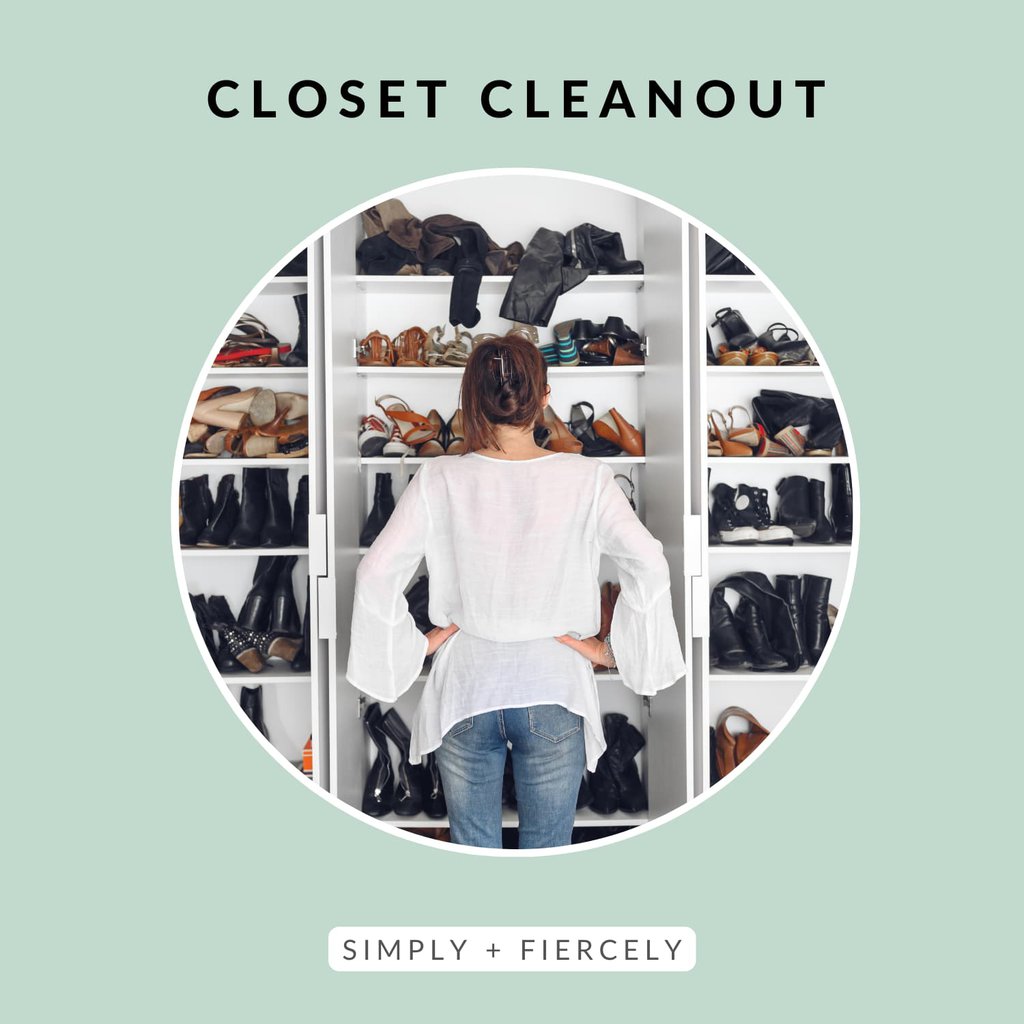 The words "Close Cleanout" on a green background with a circular image of a woman wearing a white long-sleeved top and jeans standing in front of white closet shelves with cluttered piles of shoes.
