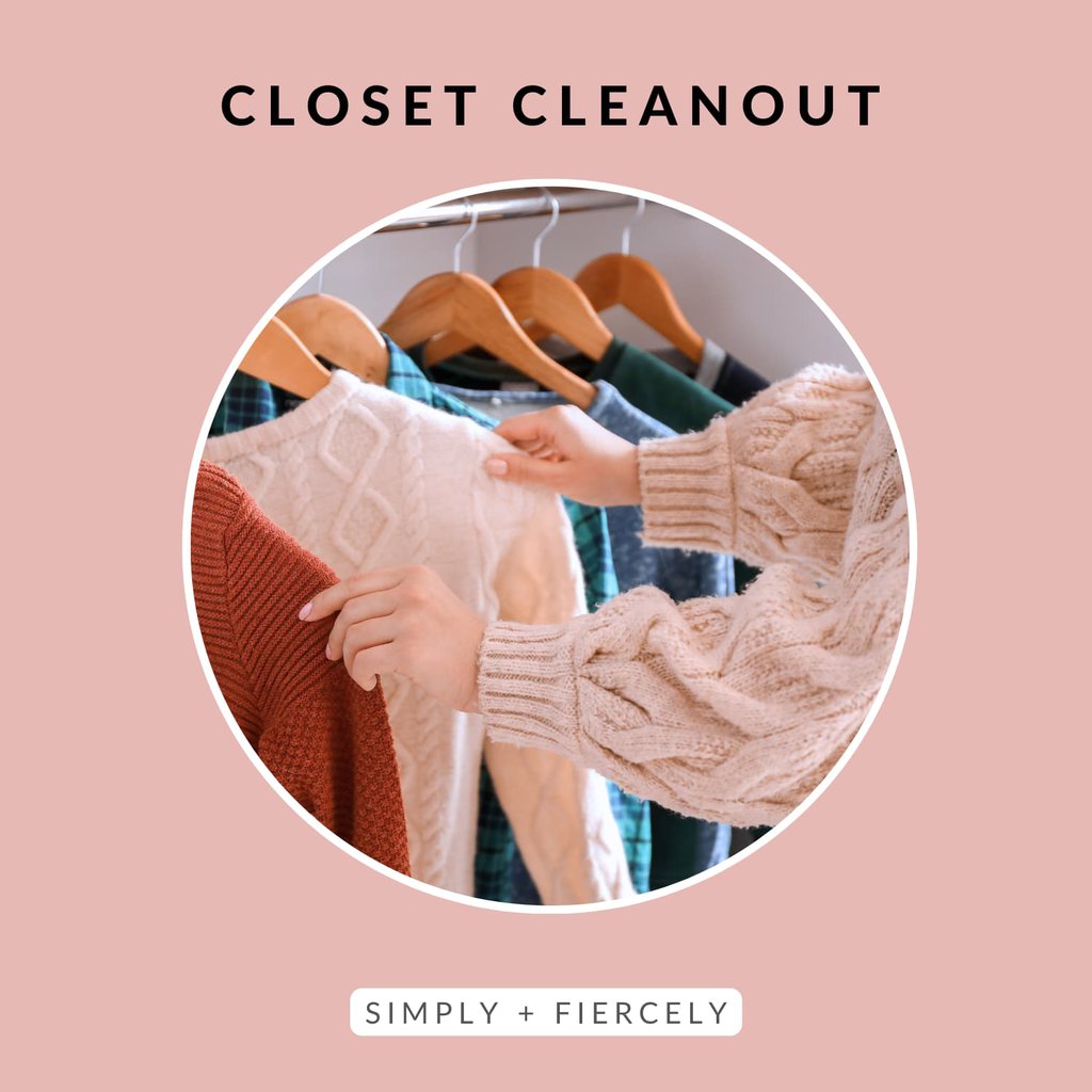 A circular image of a woman wearing a pink sweater looking at a capsule wardrobe on a pink background with the words Closet Cleanup across the top