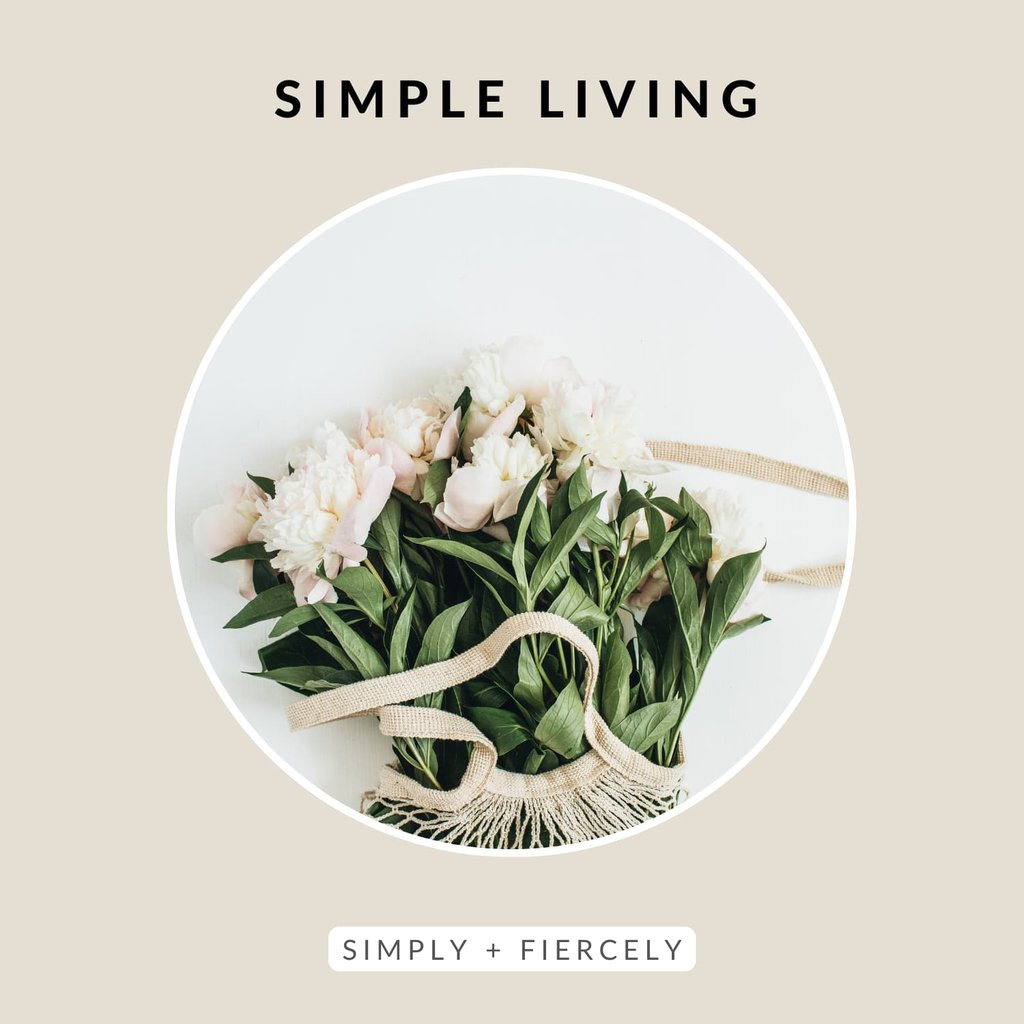 A circular image of a bouquet of white peonies in a mesh bag laying on a white background on a beige square graphic with the words Simple Living across the top