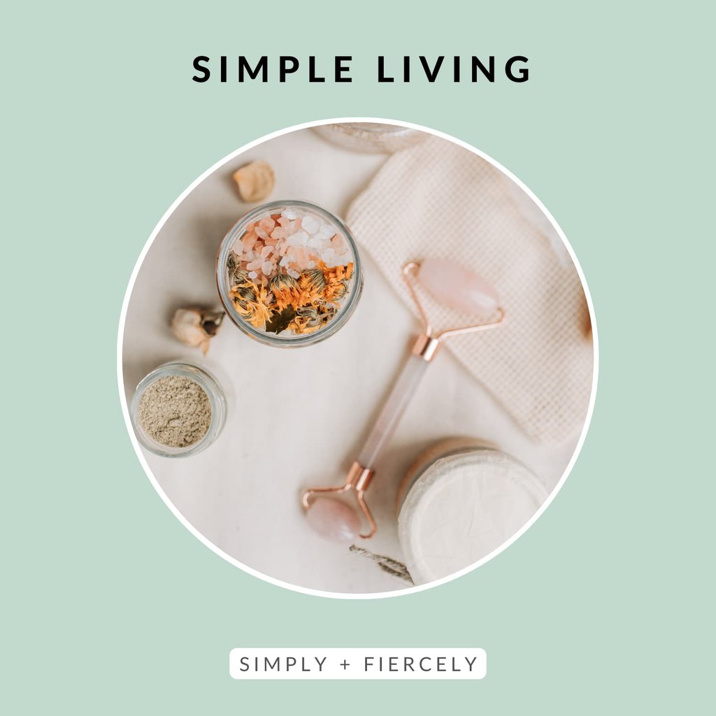 A round image of organic skincare products and a white towel on a green background with the words Simple Living across the top.