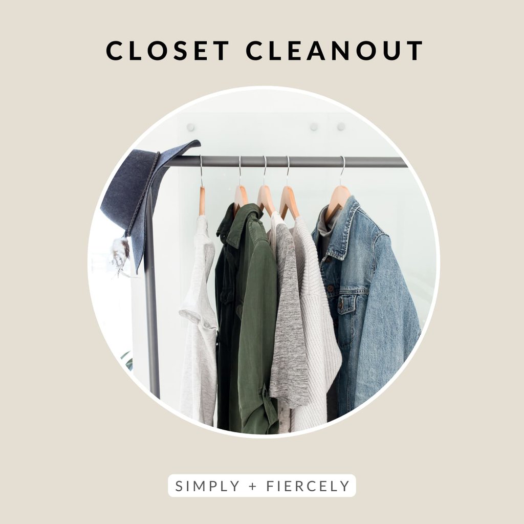 A round image of a clothes rack with sweaters and a denim jacket hanging on wooden hangers on a tan background with the words Closet Cleanup across the top.