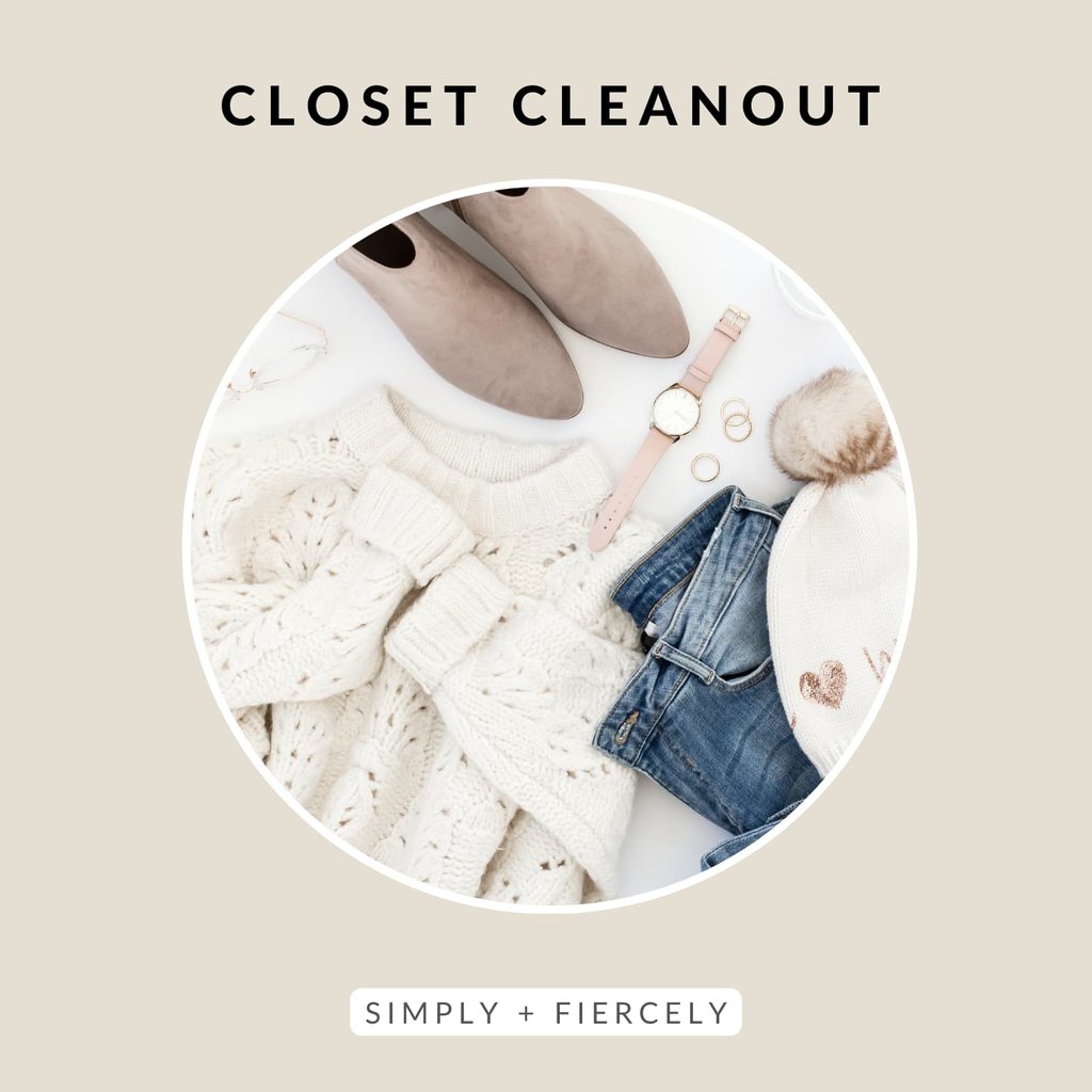 A round image of a sweater, jeans, a toque, a watch, and rings laying on a white background on a beige background with the words Closet Cleanout across the top.
